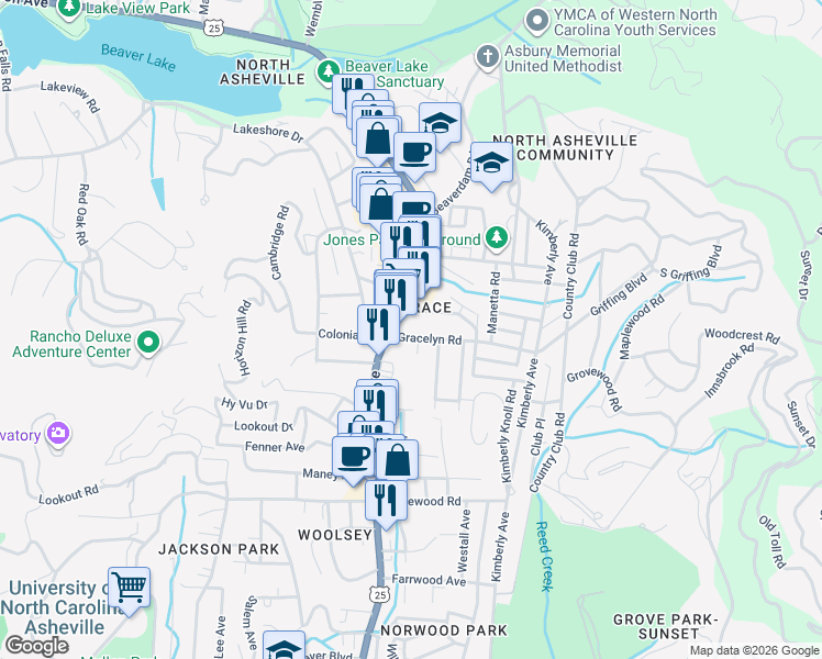 map of restaurants, bars, coffee shops, grocery stores, and more near 825C Merrimon Avenue in Asheville