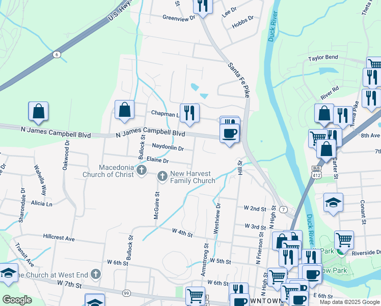 map of restaurants, bars, coffee shops, grocery stores, and more near 104 Naydonlin Drive in Columbia