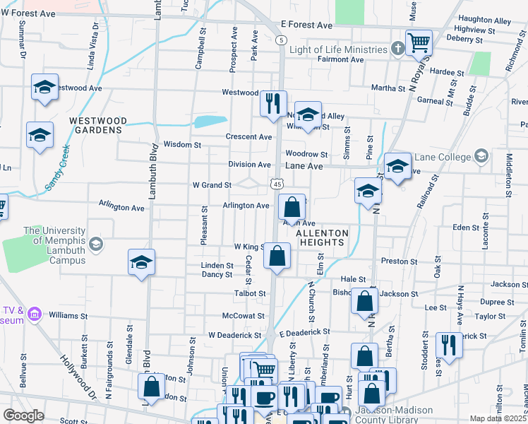 map of restaurants, bars, coffee shops, grocery stores, and more near 705 North Highland Avenue in Jackson