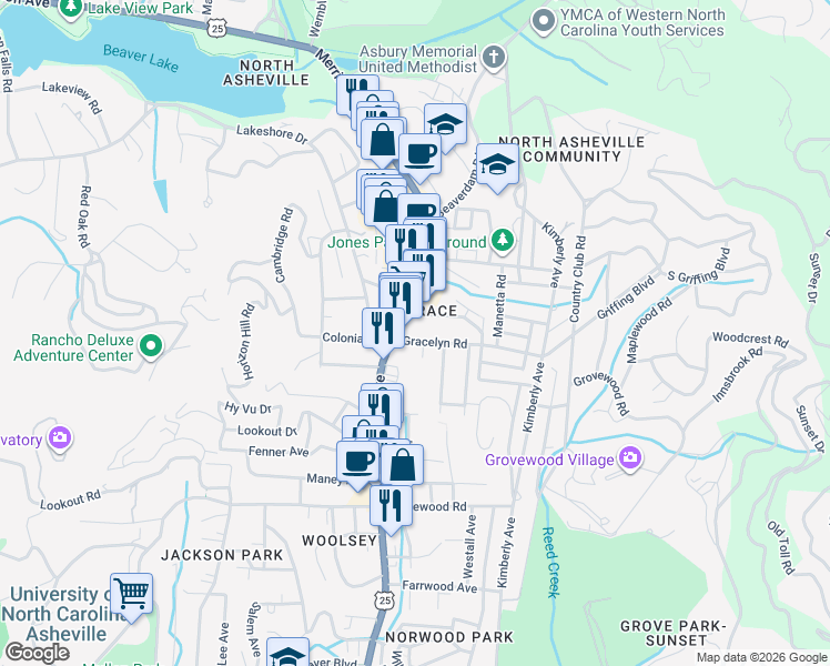 map of restaurants, bars, coffee shops, grocery stores, and more near 825C Merrimon Avenue in Asheville
