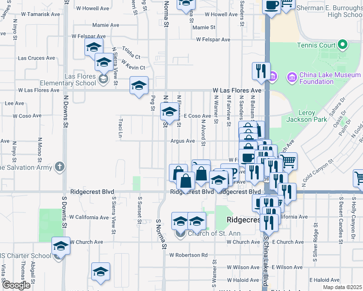 map of restaurants, bars, coffee shops, grocery stores, and more near 256 North Florence Street in Ridgecrest
