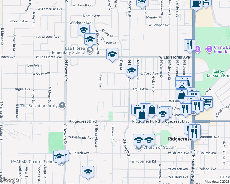 map of restaurants, bars, coffee shops, grocery stores, and more near 254 Sierra Vista Street in Ridgecrest