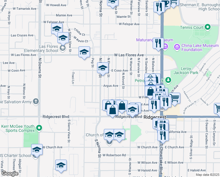 map of restaurants, bars, coffee shops, grocery stores, and more near 256 North Florence Street in Ridgecrest
