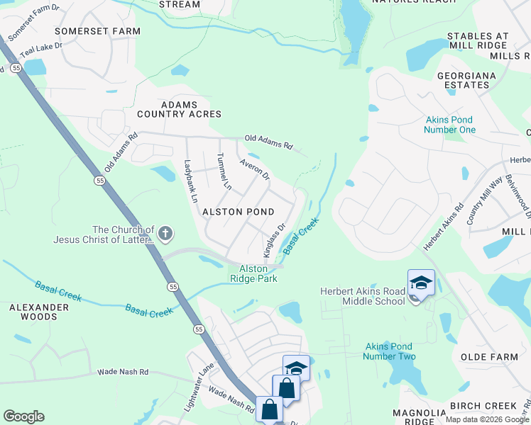 map of restaurants, bars, coffee shops, grocery stores, and more near 2531 Averon Drive in Holly Springs