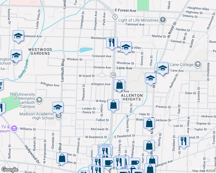 map of restaurants, bars, coffee shops, grocery stores, and more near 705 North Highland Avenue in Jackson