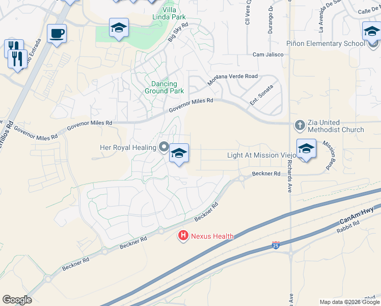map of restaurants, bars, coffee shops, grocery stores, and more near 4441 Autumn Leaf Lane in Santa Fe