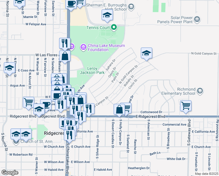 map of restaurants, bars, coffee shops, grocery stores, and more near 308 Palm Drive in Ridgecrest