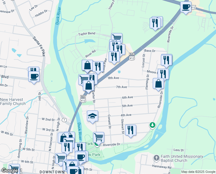 map of restaurants, bars, coffee shops, grocery stores, and more near 740 Nashville Highway in Columbia
