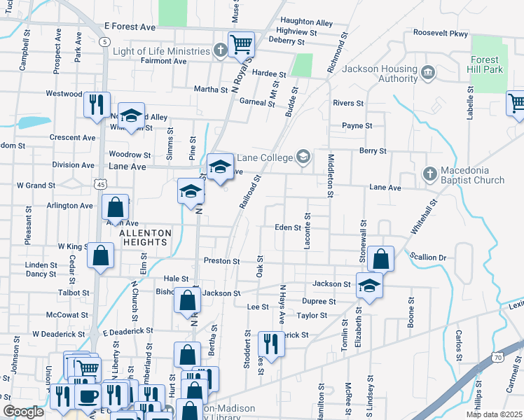 map of restaurants, bars, coffee shops, grocery stores, and more near 101 Orchard Street in Jackson