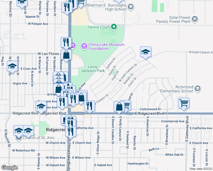 map of restaurants, bars, coffee shops, grocery stores, and more near 305 Palm Drive in Ridgecrest