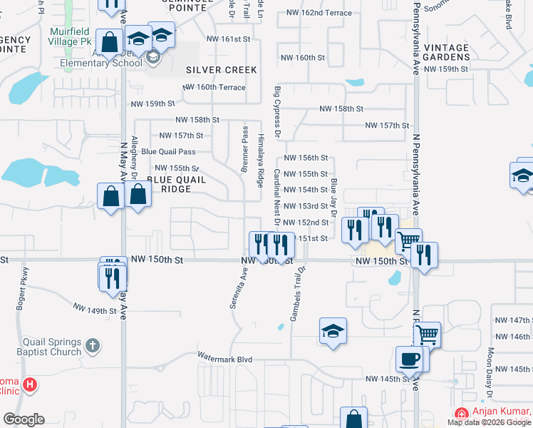 map of restaurants, bars, coffee shops, grocery stores, and more near 15500 Himalaya Ridge in Edmond