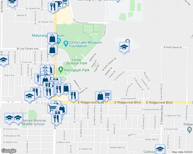 map of restaurants, bars, coffee shops, grocery stores, and more near 321 North Gold Canyon Street in Ridgecrest