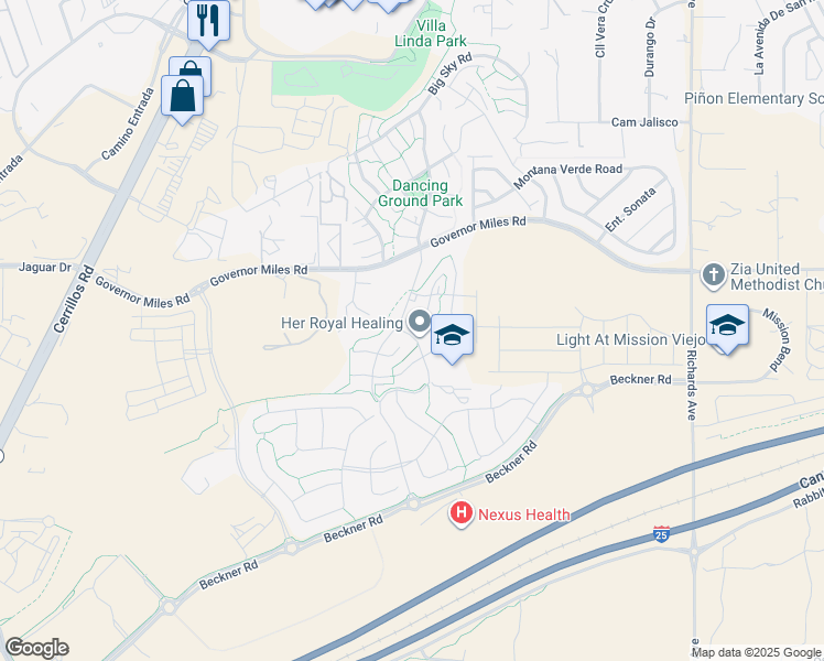 map of restaurants, bars, coffee shops, grocery stores, and more near 4438 Long Shadow Lane in Santa Fe