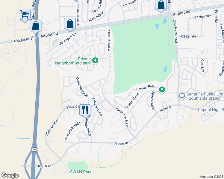 map of restaurants, bars, coffee shops, grocery stores, and more near 4564 Mesa Del Oro Loop in Santa Fe