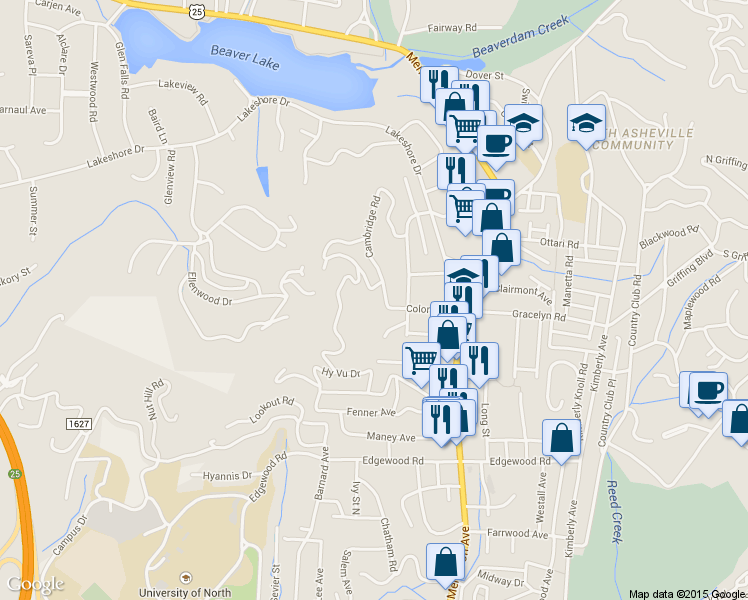 map of restaurants, bars, coffee shops, grocery stores, and more near 155 Cambridge Road in Asheville