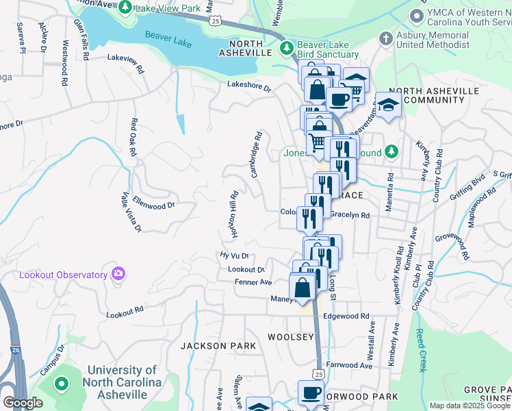 map of restaurants, bars, coffee shops, grocery stores, and more near 155 Cambridge Road in Asheville