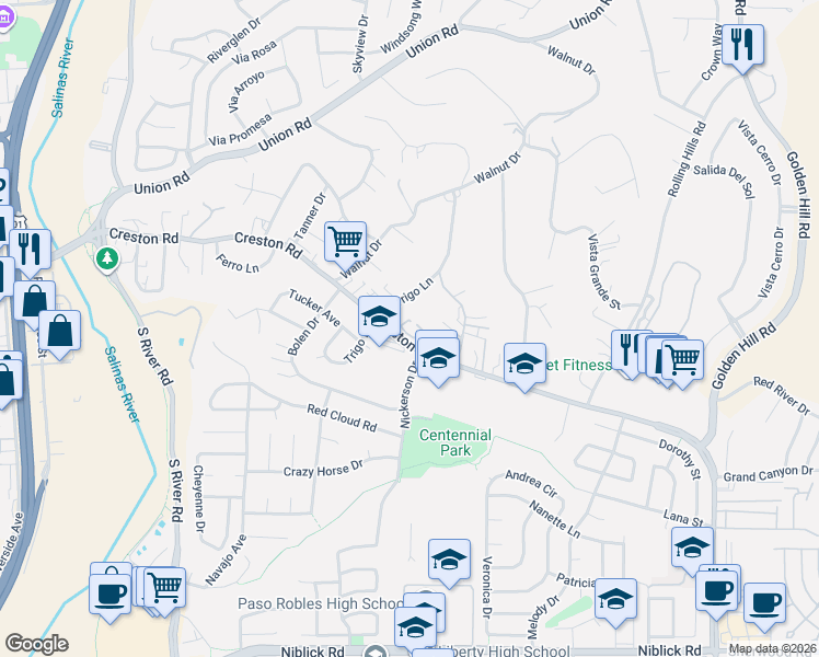 map of restaurants, bars, coffee shops, grocery stores, and more near 839 Marlbank Place in Paso Robles