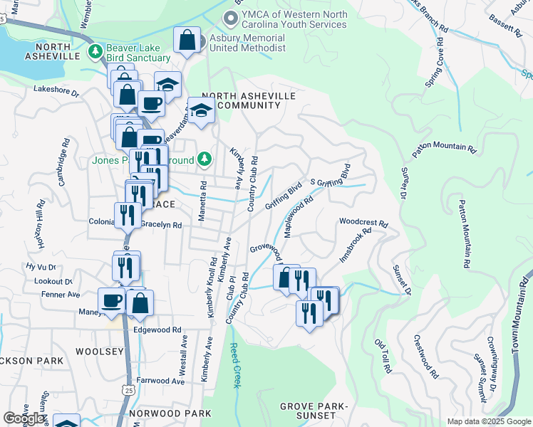 map of restaurants, bars, coffee shops, grocery stores, and more near 12 Griffing Boulevard in Asheville