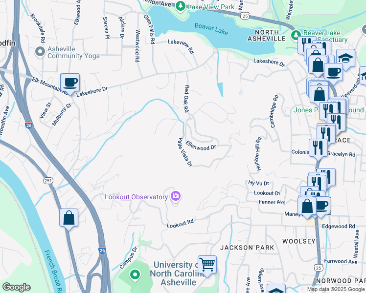 map of restaurants, bars, coffee shops, grocery stores, and more near 4 Valle Vista Drive in Asheville