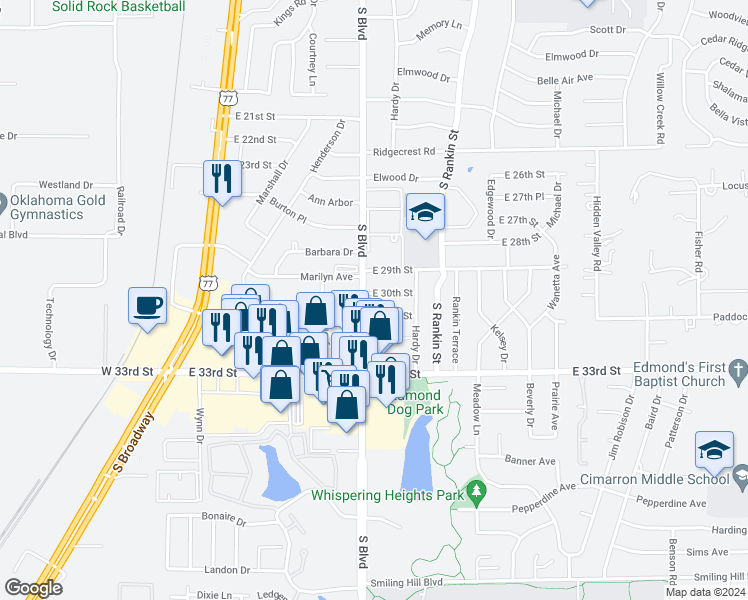 map of restaurants, bars, coffee shops, grocery stores, and more near 204 East 30th Street in Edmond