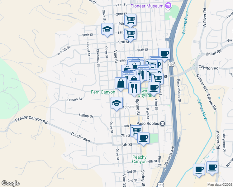 map of restaurants, bars, coffee shops, grocery stores, and more near 1115 Vine Street in Paso Robles