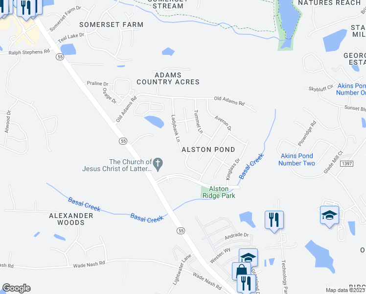 map of restaurants, bars, coffee shops, grocery stores, and more near 2520 Ladybank Lane in Fuquay-Varina