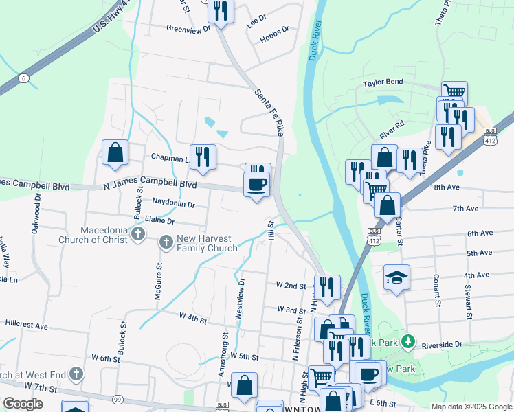 map of restaurants, bars, coffee shops, grocery stores, and more near 101 North James Campbell Boulevard in Columbia