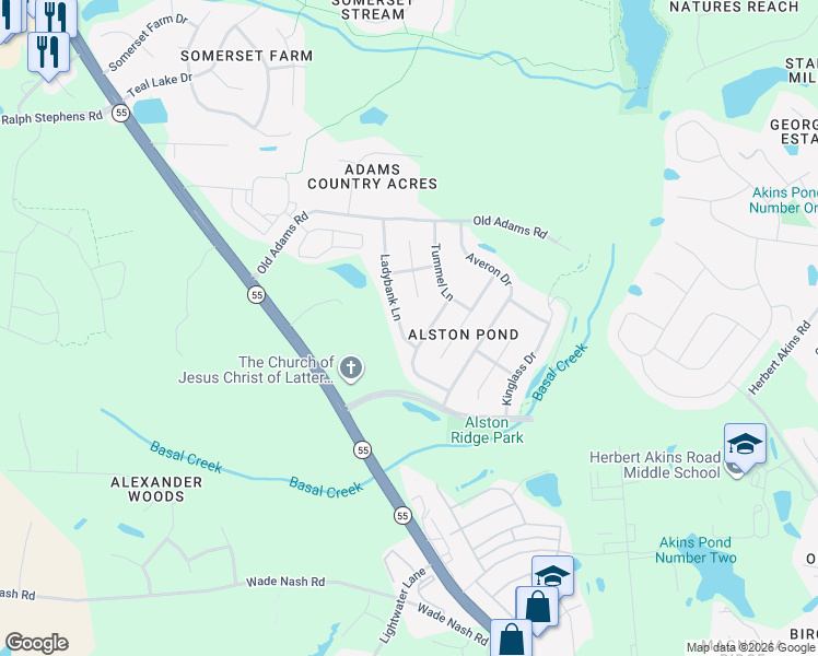 map of restaurants, bars, coffee shops, grocery stores, and more near 2507 Dalmahoy Lane in Fuquay-Varina