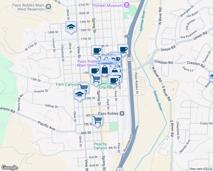map of restaurants, bars, coffee shops, grocery stores, and more near 800 12th Street in Paso Robles