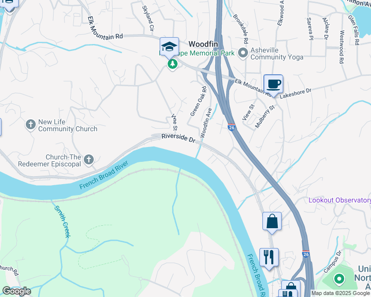 map of restaurants, bars, coffee shops, grocery stores, and more near 1050 Riverside Drive in Woodfin