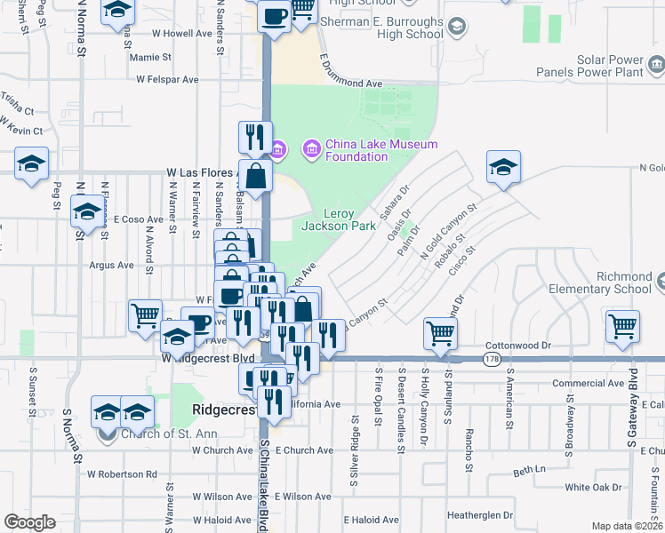 map of restaurants, bars, coffee shops, grocery stores, and more near 241 Sahara Drive in Ridgecrest