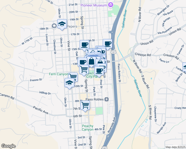 map of restaurants, bars, coffee shops, grocery stores, and more near 800 12th Street in Paso Robles