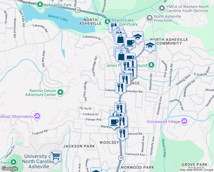 map of restaurants, bars, coffee shops, grocery stores, and more near 31 Mount Vernon Circle in Asheville