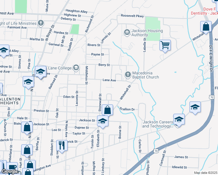 map of restaurants, bars, coffee shops, grocery stores, and more near Hill Drive in Jackson