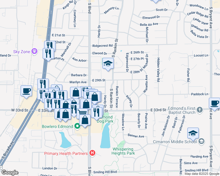 map of restaurants, bars, coffee shops, grocery stores, and more near 3001 South Rankin Street in Edmond