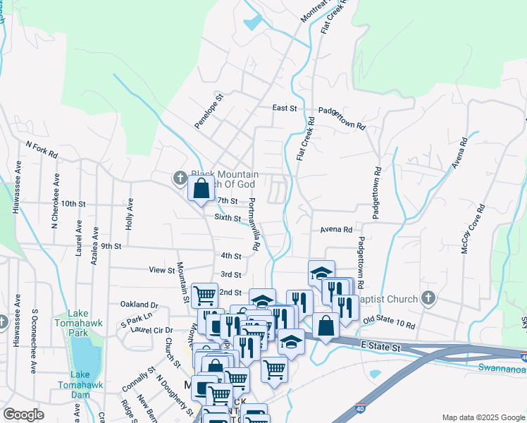 map of restaurants, bars, coffee shops, grocery stores, and more near 206 Portman Villa Road in Black Mountain