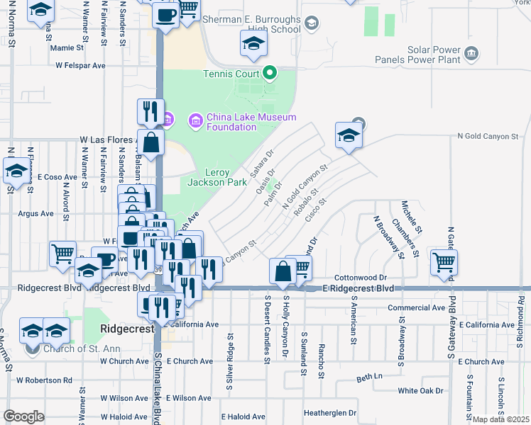 map of restaurants, bars, coffee shops, grocery stores, and more near 328 Palm Drive in Ridgecrest