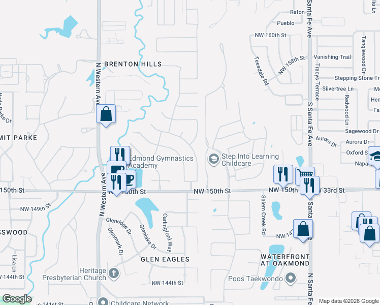 map of restaurants, bars, coffee shops, grocery stores, and more near 15305 Wilford Way in Edmond