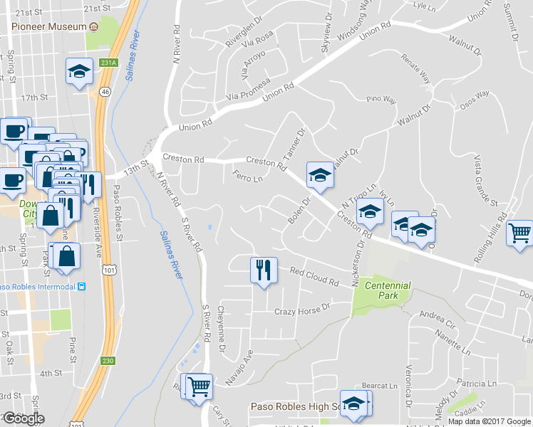 map of restaurants, bars, coffee shops, grocery stores, and more near 608 Moss Avenue in Paso Robles