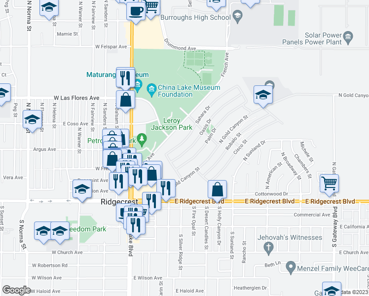 map of restaurants, bars, coffee shops, grocery stores, and more near 241 Oasis Drive in Ridgecrest
