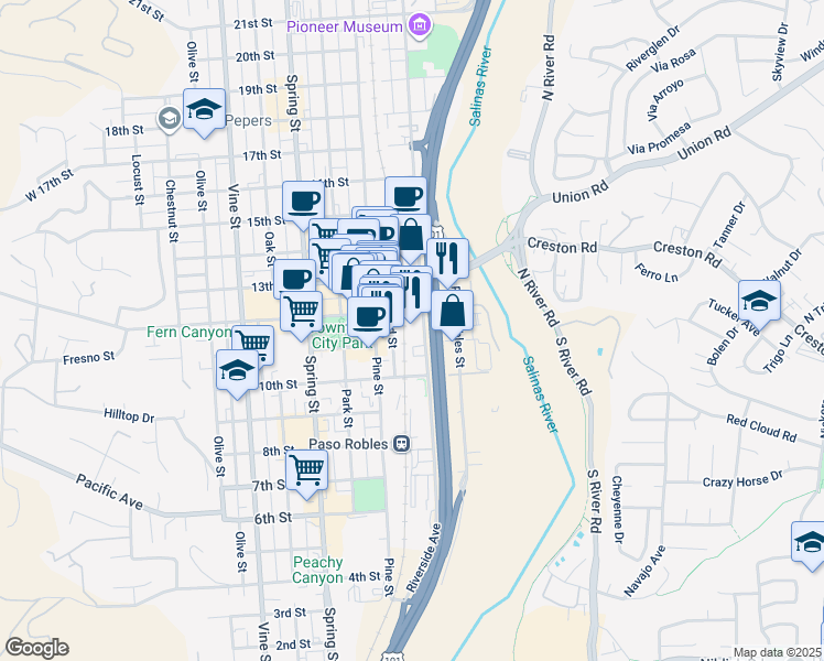 map of restaurants, bars, coffee shops, grocery stores, and more near 1111 Riverside Avenue in Paso Robles