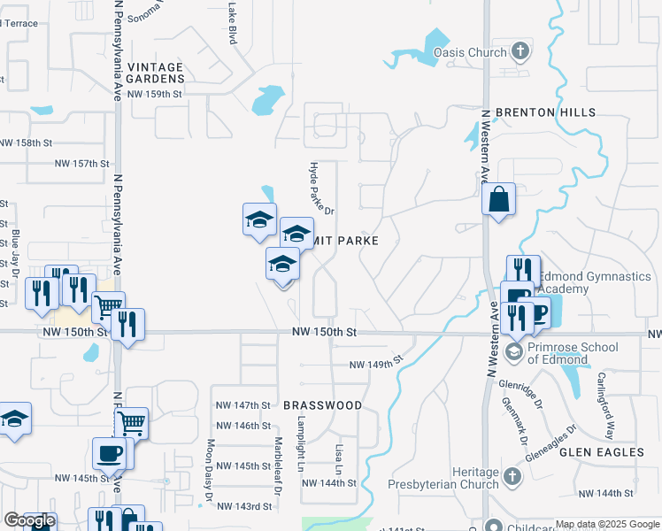 map of restaurants, bars, coffee shops, grocery stores, and more near 15228 Grand Parke Drive in Edmond