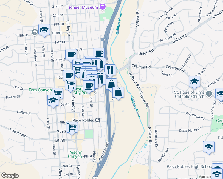 map of restaurants, bars, coffee shops, grocery stores, and more near 1123 B Paso Robles Street in Paso Robles