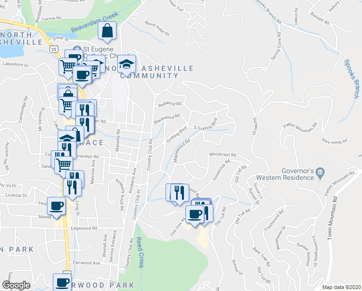 map of restaurants, bars, coffee shops, grocery stores, and more near 15 Maplewood Road in Asheville