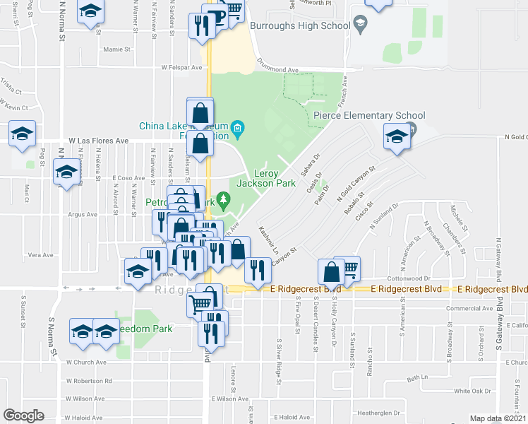 map of restaurants, bars, coffee shops, grocery stores, and more near 217 Sahara Drive in Ridgecrest