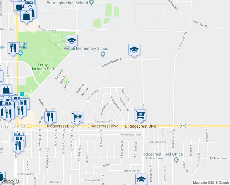 map of restaurants, bars, coffee shops, grocery stores, and more near 241 Chambers Street in Ridgecrest