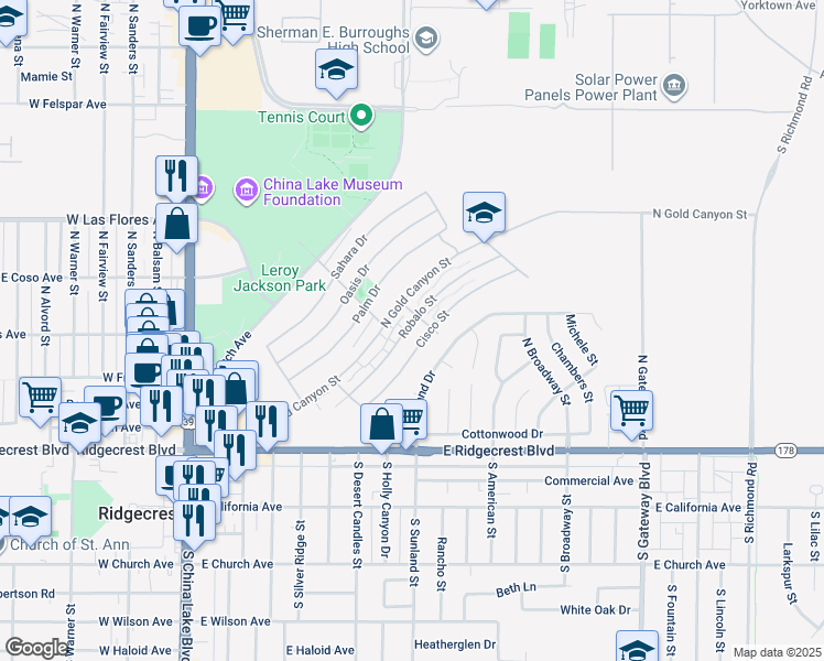 map of restaurants, bars, coffee shops, grocery stores, and more near 349 Robalo Street in Ridgecrest