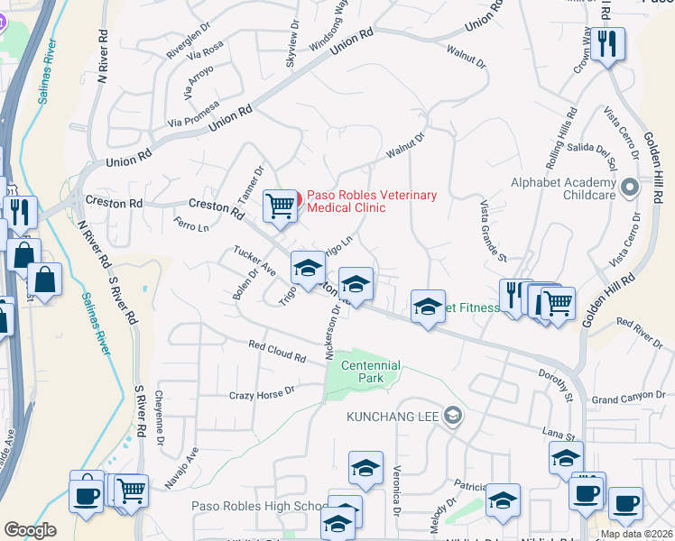 map of restaurants, bars, coffee shops, grocery stores, and more near 821 Marlbank Place in Paso Robles