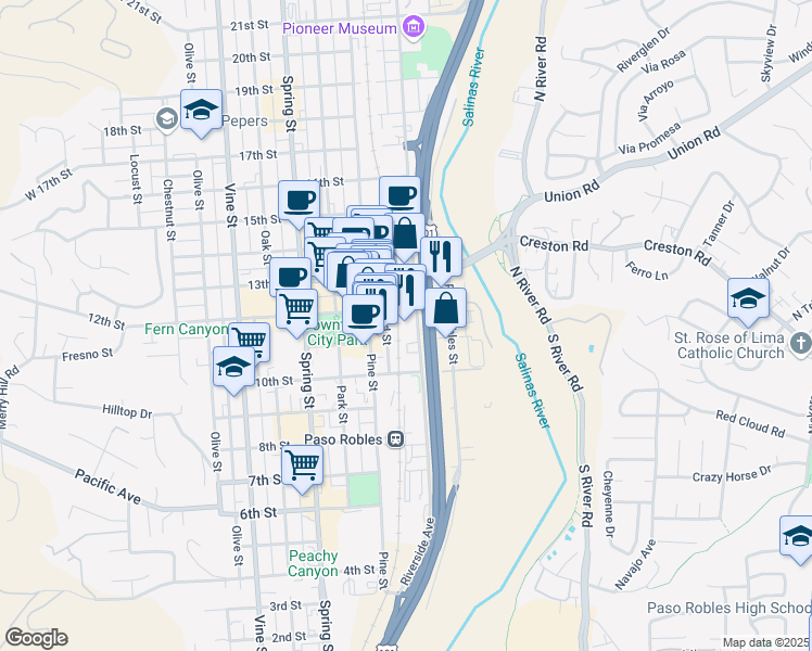 map of restaurants, bars, coffee shops, grocery stores, and more near 1111 Riverside Avenue in Paso Robles
