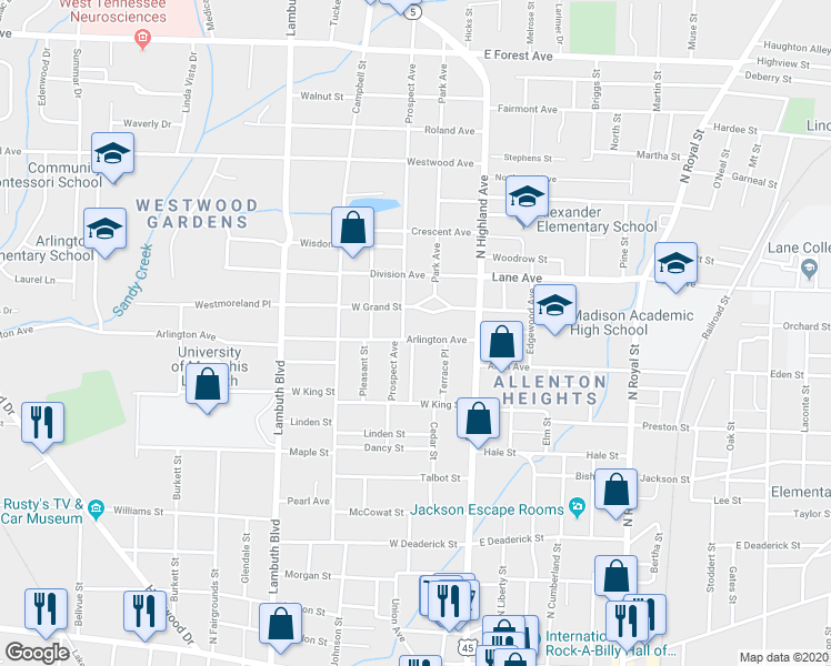 map of restaurants, bars, coffee shops, grocery stores, and more near 147 Arlington Avenue in Jackson